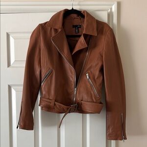 Aqua Brown Leather Jacket Asymmetrical Zipper Moto Style